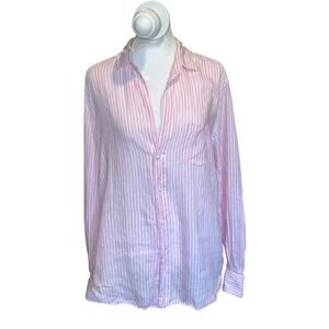 FRANK & EILEEN 100% Linen Shirt Striped Button Front Long Sleeve Pink White S